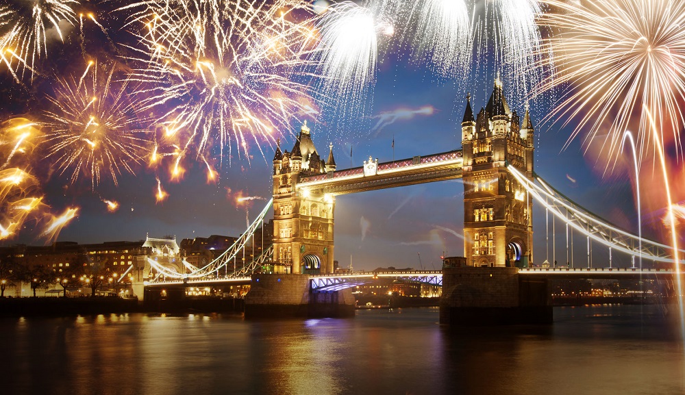 46931767 - tower bridge with firework, celebration of the new year in london, uk
